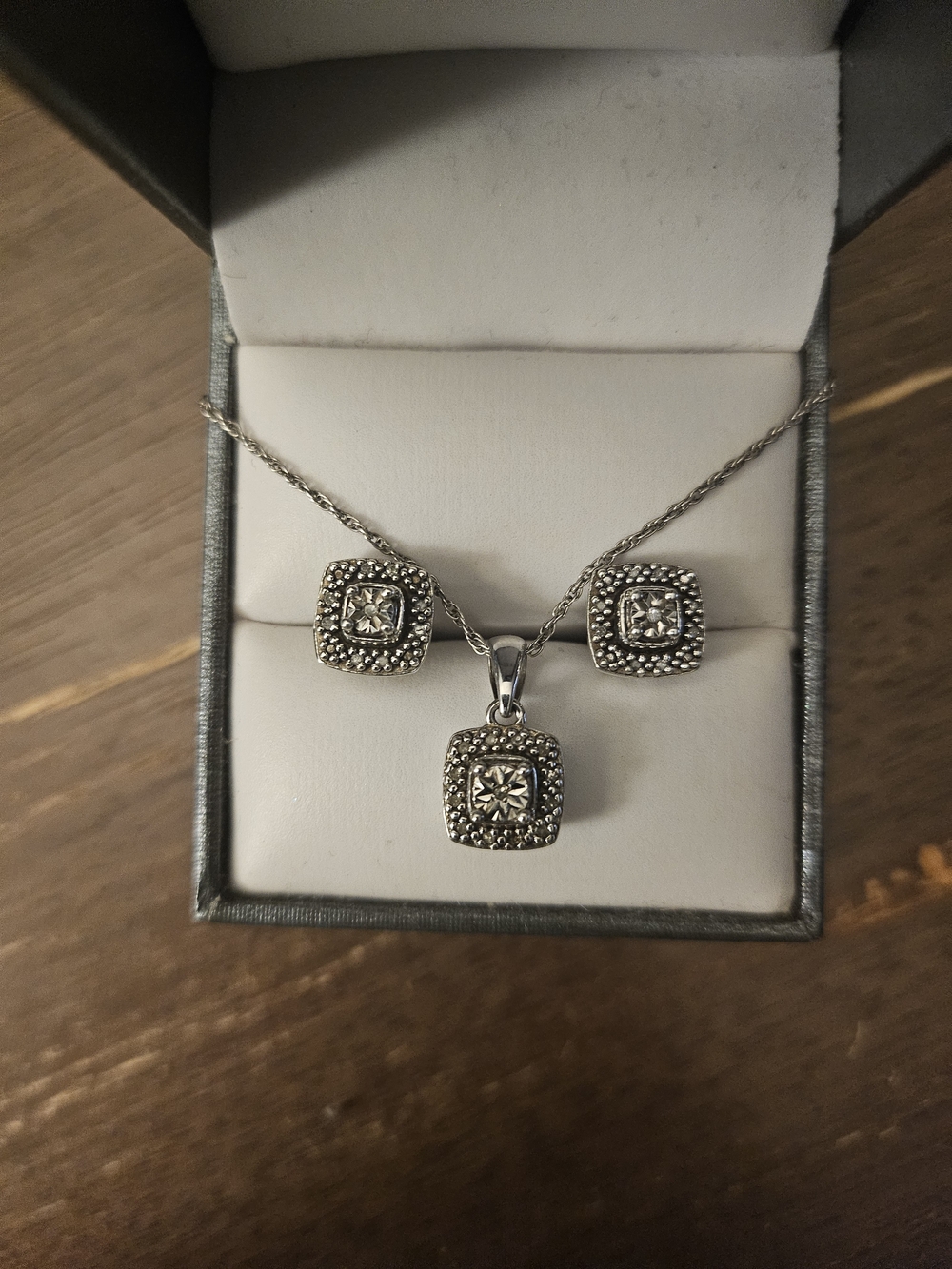 Sterling Silver Square Diamond Pendant Necklace and Stud Earrings Set - Silver
